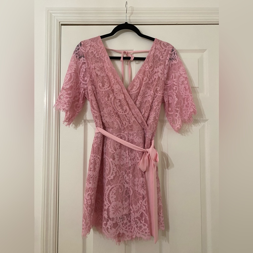 Francesca’s Pink Romper with Lace Overlay, Size L